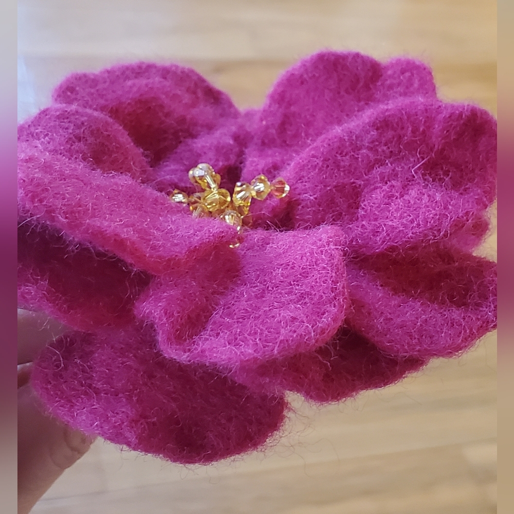 Handmade wool swarovski crystals large hot pink flover brooch and hair decor